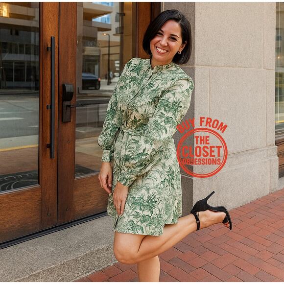 🌿 ZARA Green Printed Shirt Dress NWT | Belted Long Sleeve Collared M - Picture 3 of 16